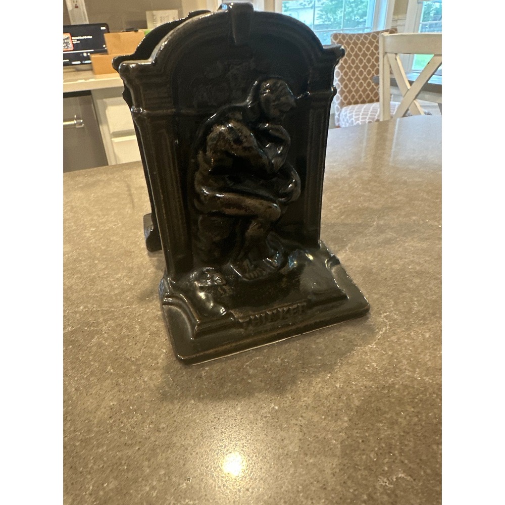 Vintage Cast Iron The Thinker Bookends Rodin Style‎ Bronze Gold Tone Pair 6 Inch